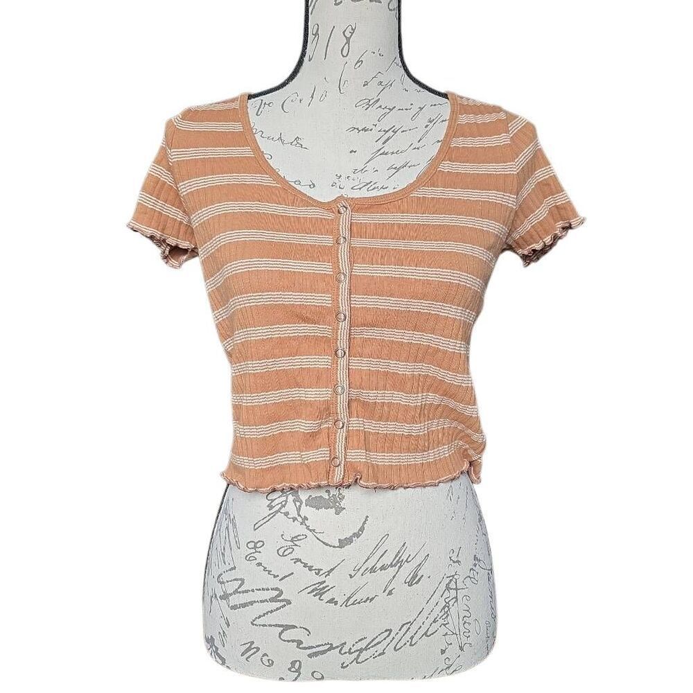 American Eagle Women's Size Medium Brown White Stripe Ribbed Cropped Baby Tshirt